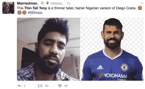 Nigerians are saying Big Brother Naija Thin Tall Tony looks like Diego Costa (photos)
